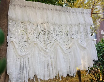 Vintage Style Lace Tie Up Curtain, Adjustable Ruffled Window Shade, Multiple Ruffle Colors (White, Black, Lavender, Blue, Mint Green)