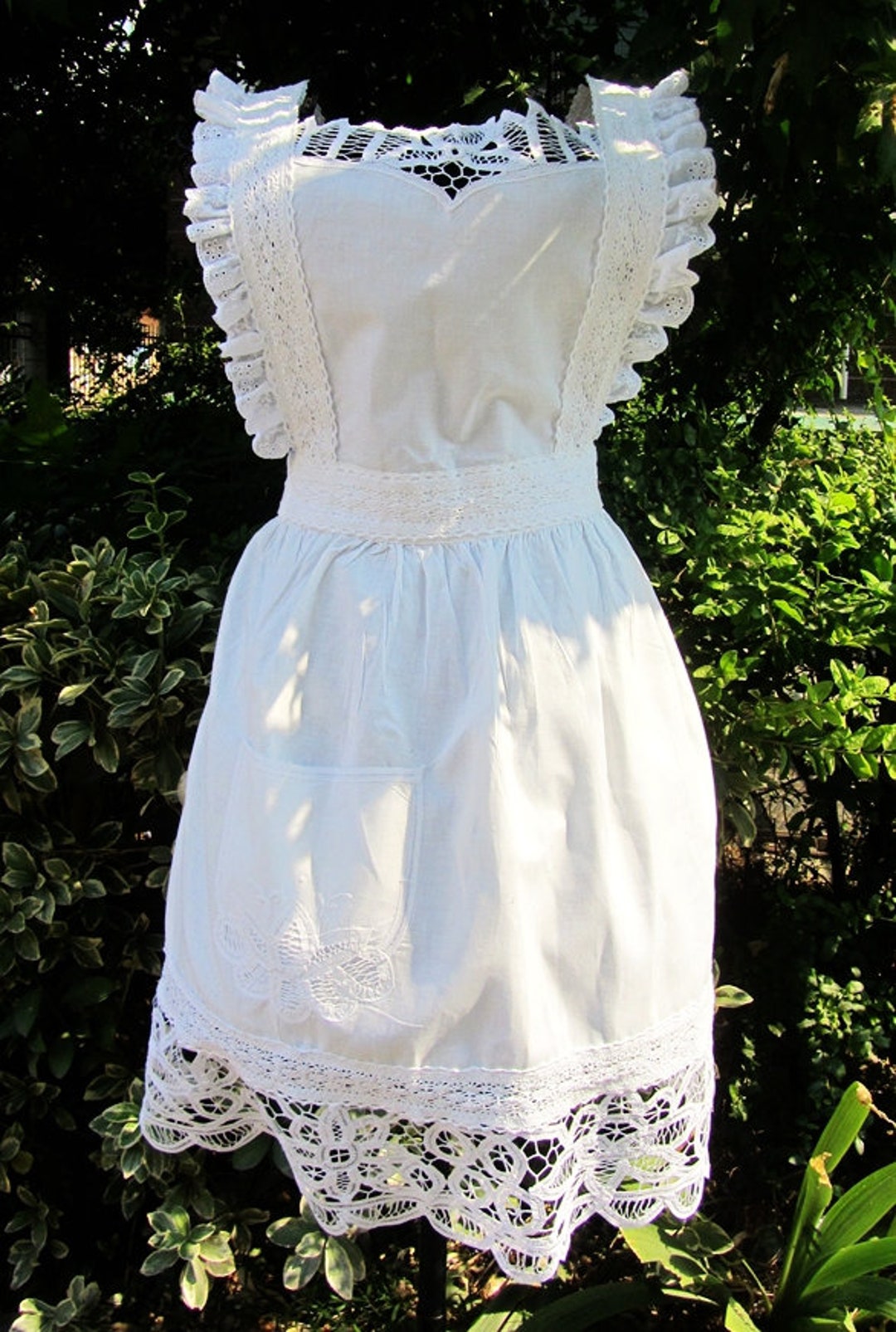 HANDMADE Set~victorian White Cotton Battenburg Lace Bib Apron Maid