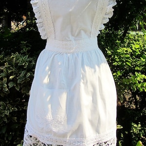 HANDMADE SET~Victorian White Cotton Battenburg Lace Bib Apron Maid Pinafore Costume & Frilled Headband~Wedding/Tea Party/Cosplay/Role Play~