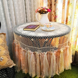 HANDMADE Shabby Chic Hand Crochet Lace Long Fringe Round Tablecloth, Earth Tones /Peach/Sage, Boho Cottage Core Farmhouse Decor image 1