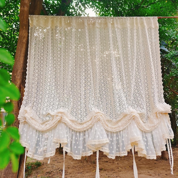 Victorian French Country Style Shabby Chic Window Curtain Vintage Style Balloon Shade Tie Up Tulle Lace Curtain Panel Drape~ Beige/Off White
