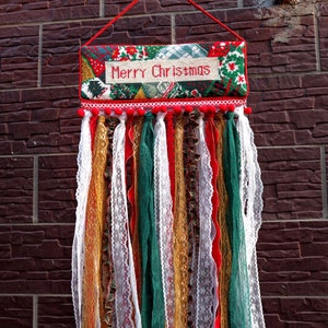 Shabby~BOHO Chic~Rustic Merry Christmas Needlepoint Wall Hanging Signs Door Ornament~Fringed Lace Christmas Decoration~
