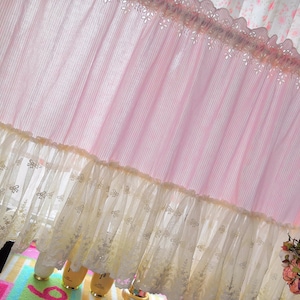Rustic Countryside~Romantic French Style Embroidered Striped Cafe Curtain Door Window Valance in Pink&White~Lady boudior~girl&#39;s room