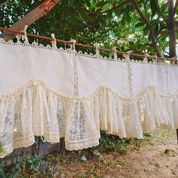Old Fashion~Rustic French Country Style Victorian Cottage Window Curtain Scalloped Valance Ruffled Lace Window Treatment~Beige~UNIQUE~
