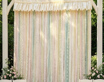 Pastel Earth Tones Morandi Lace Ribbon Backdrop, Handmade Boho Shabby Chic Ruffled Valance Curtain, Spring Vibe for Wedding & Home Decor