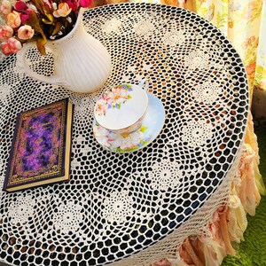 HANDMADE Shabby Chic Hand Crochet Lace Long Fringe Round Tablecloth, Earth Tones /Peach/Sage, Boho Cottage Core Farmhouse Decor image 4