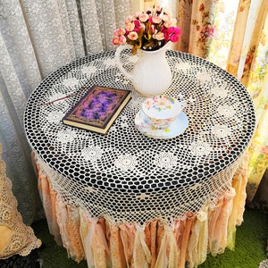 HANDMADE Shabby Chic Hand Crochet Lace Long Fringe Round Tablecloth, Earth Tones /Peach/Sage, Boho Cottage Core Farmhouse Decor image 2