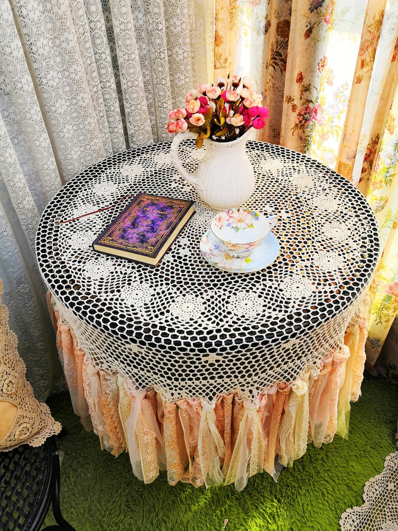 HANDMADE Shabby Chic Hand Crochet Lace Long Fringe Round Tablecloth, Earth Tones /Peach/Sage, Boho Cottage Core Farmhouse Decor image 2