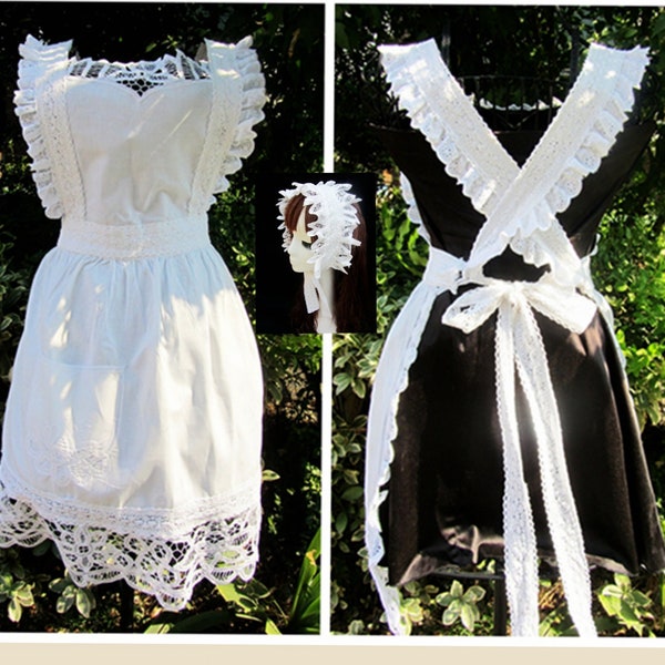 HANDMADE SET~Victorian White Cotton Battenburg Lace Bib Apron Maid Pinafore Costume & Frilled Headband~Wedding/Tea Party/Cosplay/Role Play~