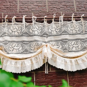Cottage Rose~Rustic Shabby Chic Modern Farmhouse French Country Style Tie-up Balloon Shade Lace Window Curtain Valance~Beige~Old Time~