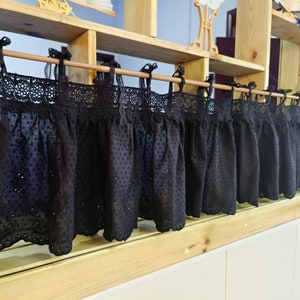Black Cotton Curtain Valance~ Shabby Chic French Country Style Ruffled Lace Tie Top Window Curtain Kitchen Curtain Cafe Curtain~ Pure Black~