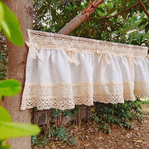 Old Time~ Shabby Chic Victorian Country Cottage French Country Style Ruffled Linen Window Curtain Valance Kitchen Curtain ~ Ivory & Beige~
