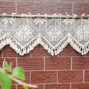 Old Time~BOHO SHABBY Chic French Country Style Modern Farmhouse Cottage Rustic Cotton Crochet Lace Tasseled Window Curtain Valance~Beige~