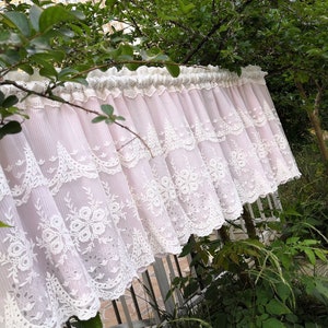 Custom~Dainty Romantic Victorian Style Double Layer Lace Cafe Curtain Door Window Valance in Pink&White~Lady Boudior~Girl&#39;s Room~PRINCESS~