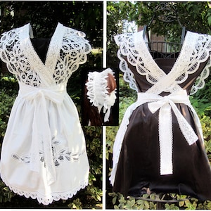 UNIQUE~Victorian White Cotton Battenburg Lace V-Neck Bib Apron Maid Pinafore Costume+ Frilled Headband~Wedding/Tea Party/Cosplay~