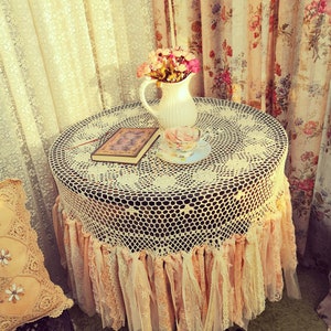 HANDMADE Shabby Chic Hand Crochet Lace Long Fringe Round Tablecloth, Earth Tones /Peach/Sage, Boho Cottage Core Farmhouse Decor image 5