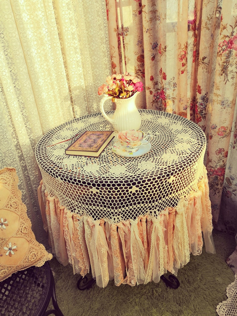 HANDMADE Shabby Chic Hand Crochet Lace Long Fringe Round Tablecloth, Earth Tones /Peach/Sage, Boho Cottage Core Farmhouse Decor image 5