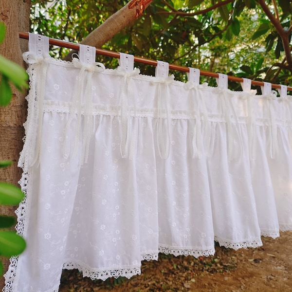 Victorian Elegant Curtain Valance~ Shabby Chic French Country Style Ruffled Cotton Lace Window Curtain Kitchen Curtain Cafe Curtain~ White~