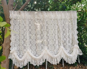 Victorian French Country Style Shabby Chic Window Curtain Vintage Style Balloon Shade Tie Up Tulle Lace Lace Curtain Panel~ Ivory White~