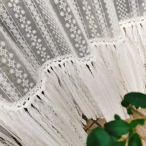 Victorian Elegance~Romantic French Country Style Window Curtain Embroidered Lace Curtain Panel w Long Fringes~Wedding Hanging Backdrop~White