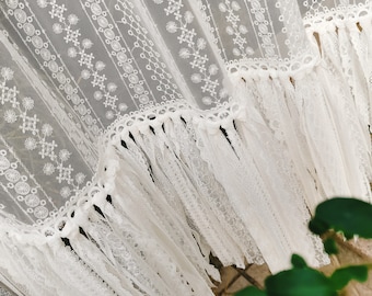Victorian Elegance~Romantic French Country Style Window Curtain Embroidered Lace Curtain Panel w Long Fringes~Wedding Hanging Backdrop~White
