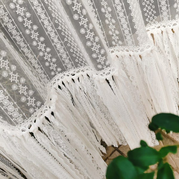 Virginie's Custom Order~ French Country Style Window Curtain Embroidered Lace Curtain Panel w Long Fringes~Wedding Hanging Backdrop~White