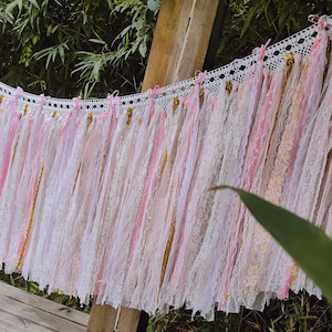 Shabby~Rustic Boho Window Curtain Valance/Lace Garland/Hanging Backdrop/Baby Shower/Birthday Decorative Bunting~White/Pink/Gold~