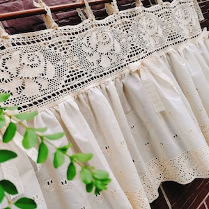 Cottage Rose~Rustic Shabby Chic French Country Style Ruffled Lace Window Curtain Valance Kitchen Curtain Doorway Privacy Curtain~Beige~