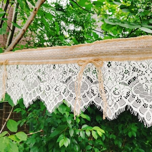 Rustic SHABBY Chic Window Curtain Valance Farmhouse Country Cottage Vintage White Lace Natural Burlap Jute Curtain Valance~ 8&quot; High~ Unique~