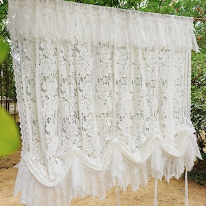 Victorian French Country Style Shabby Chic Window Curtain Vintage Style Balloon Shade Tie Up Lace Curtain Panel Drape~ White~ UNIQUE~