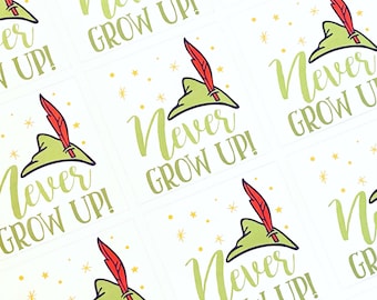 Stickers, never grow up, Peter Pan stickers, custom stickers, magical theme park stickers