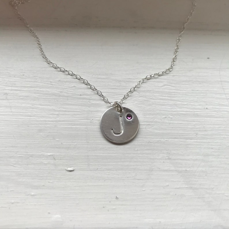 Initial disc with swarovski crystal birthstone, sterling silver initial necklace, personalized sterling disc, gift for mom, bridesmaid gift image 5