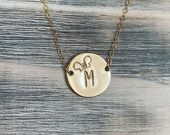 Initial necklace, mouse ears necklace, mouse hat, monogram necklace, coin disc, sterling silver, 14k gold filled