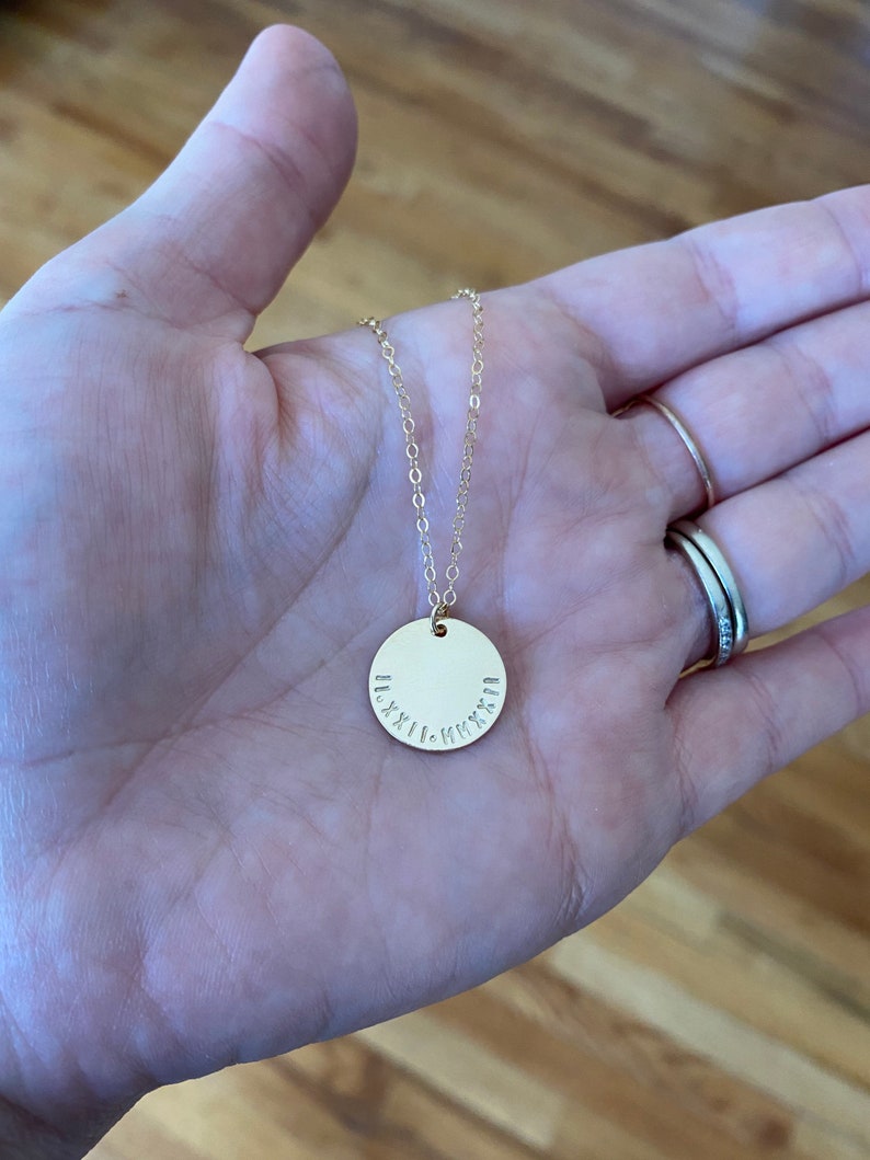 Roman numerals disc necklace, personalized gold disc necklace, bridesmaid gift, anniversarydate gift, wedding date, birth date image 2