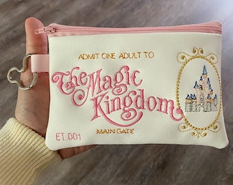 Magic kingdom vintage ticket bag, jungle cruise, tower of terror, magical zipper pouch, fastpass, haunted mansion