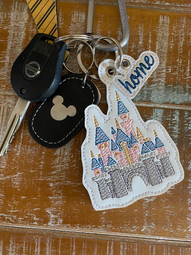 Sleeping beauty castle key fob, bag charm, Cinderella castle embroidered key fob, keychain, magical keychain image 8