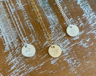 14k gold filled disc necklace, sterling silver necklace, strawberry necklace, initial necklace, initial jewelry