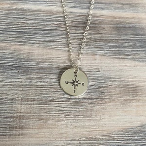 Compass necklace, coordinates, metal stamped, personalized, disc necklace, bridesmaid gift, long distance relationship, graduation gift