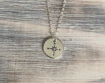 Compass necklace, coordinates, metal stamped, personalized, disc necklace, bridesmaid gift, long distance relationship, graduation gift