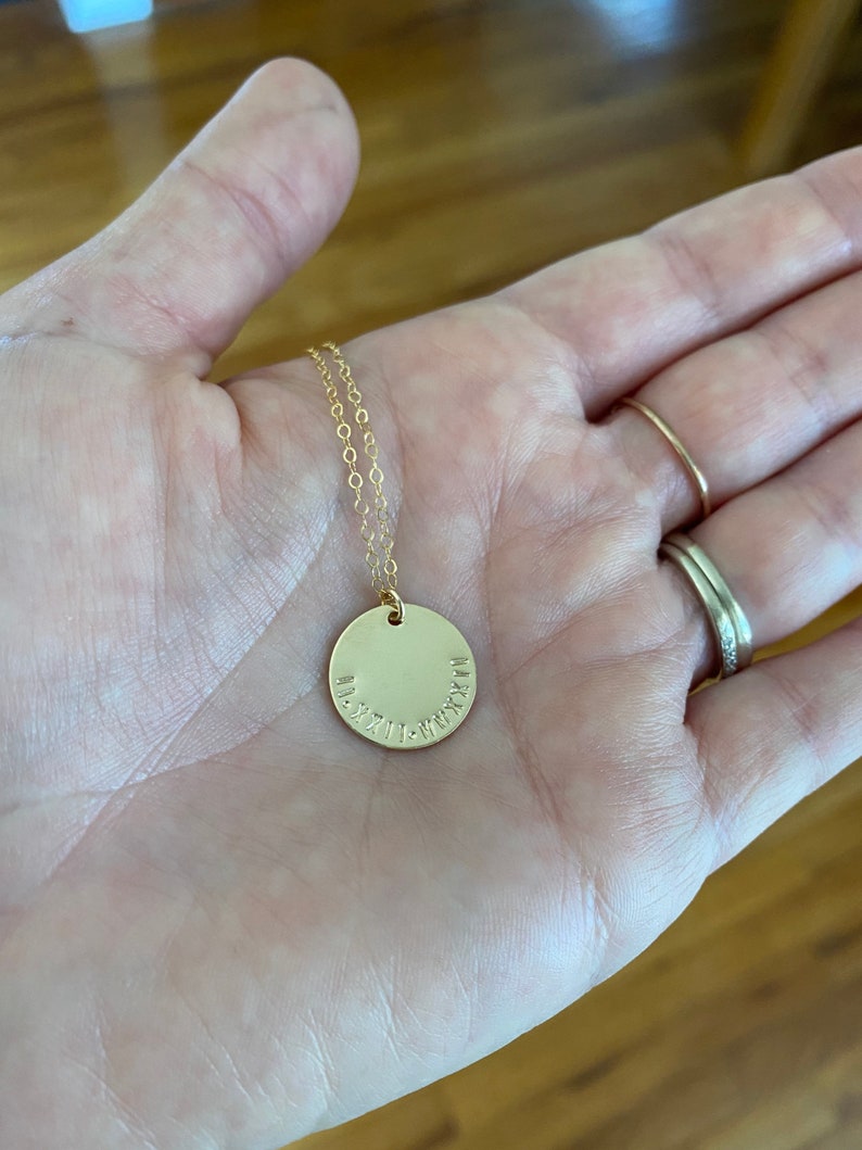Roman numerals disc necklace, personalized gold disc necklace, bridesmaid gift, anniversarydate gift, wedding date, birth date image 4