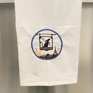 Ratatouille kitchen decor, anyone can cook, flour sack towels, tea towels, embroidered kitchen towel