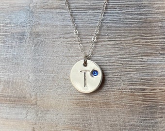 Initial disc with swarovski crystal birthstone, sterling silver initial necklace, personalized sterling disc, gift for mom, bridesmaid gift