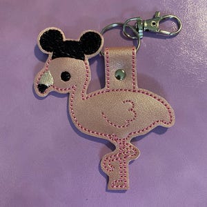 Flamingo mouse ears bag charm, Cinderella castle embroidered fob keychain, magical keychain, sleeping beauty castle