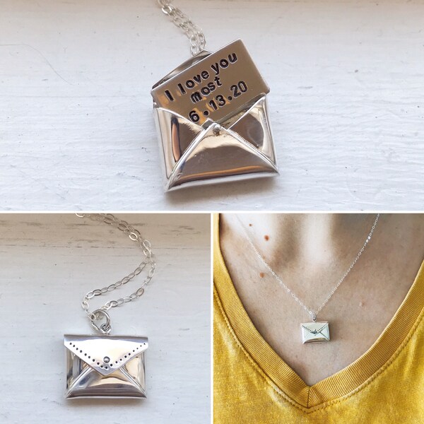 Sterling envelope locket necklace, hidden letter necklace, Valentine's gift, long distance gift, personalized, anniversary, bridesmaid gift