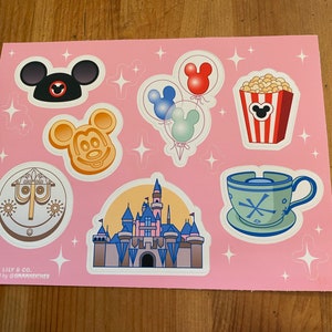 Magical theme park vinyl sticker paper planner stickers, sleeping beauty castle, small world stickers, Alice in wonderland, Mickey balloons image 1