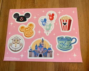 Magical theme park vinyl sticker paper planner stickers, sleeping beauty castle, small world stickers, Alice in wonderland, Mickey balloons