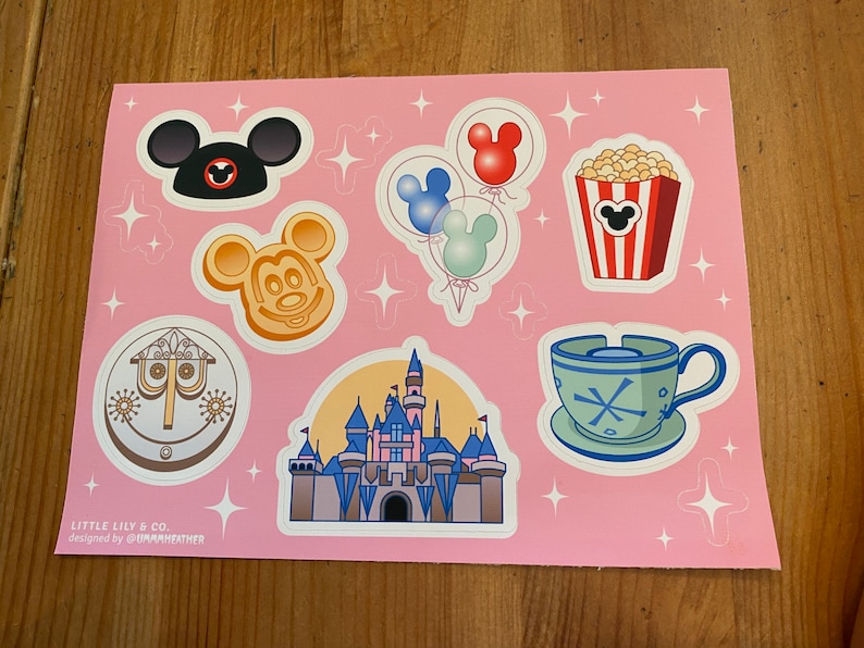 Magical theme park vinyl sticker paper planner stickers, sleeping beauty castle, small world stickers, Alice in wonderland, Mickey balloons image 1