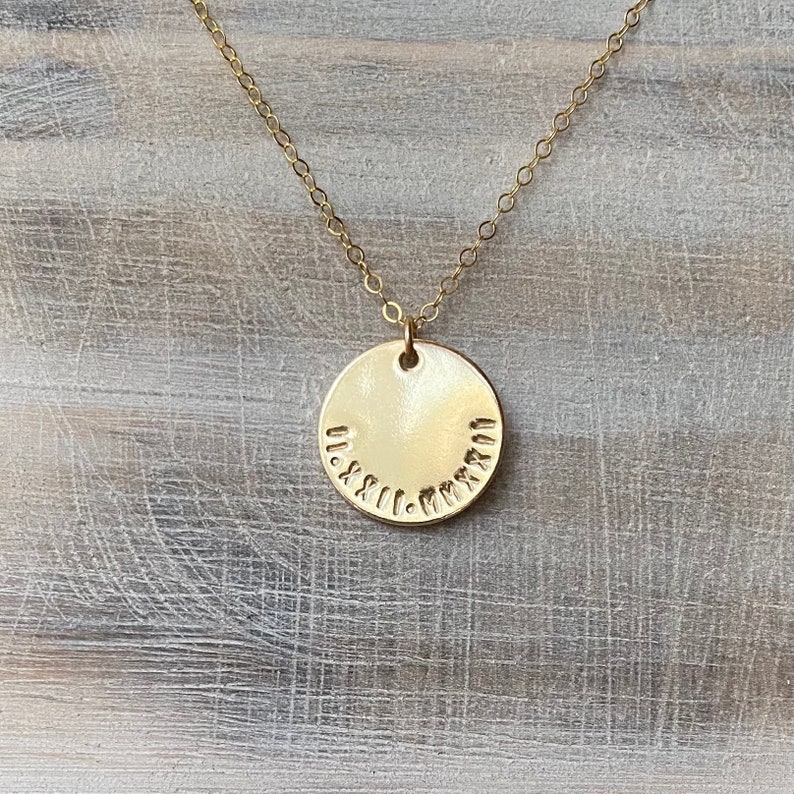 Roman numerals disc necklace, personalized gold disc necklace, bridesmaid gift, anniversarydate gift, wedding date, birth date image 1