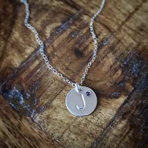 Initial disc with swarovski crystal birthstone, sterling silver initial necklace, personalized sterling disc, gift for mom, bridesmaid gift image 3