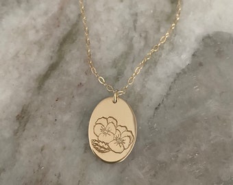 Birth month flower disc necklace, floral oval necklace, gift for mom, Mother’s Day, daisy necklace, lily, violet, marigold